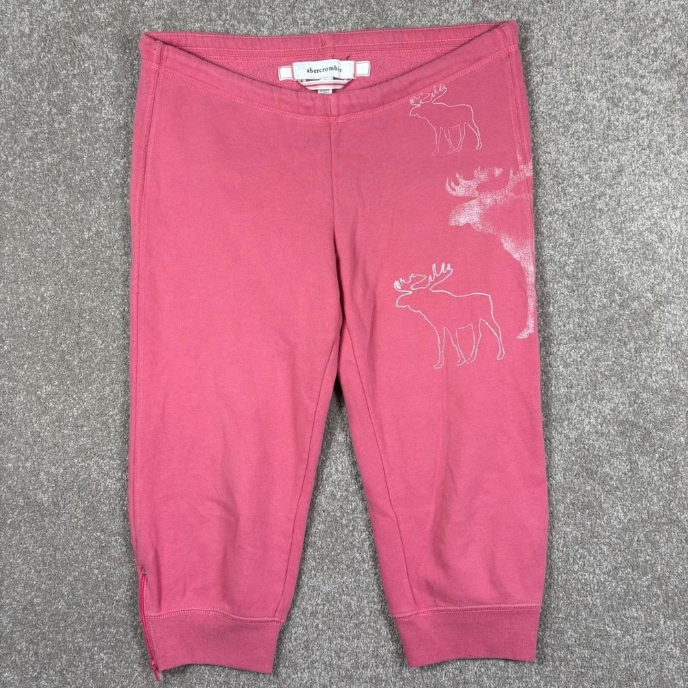 Abercrombie Womens Pink Moose Logo 1892 Cropped Sweatpants Joggers Size L